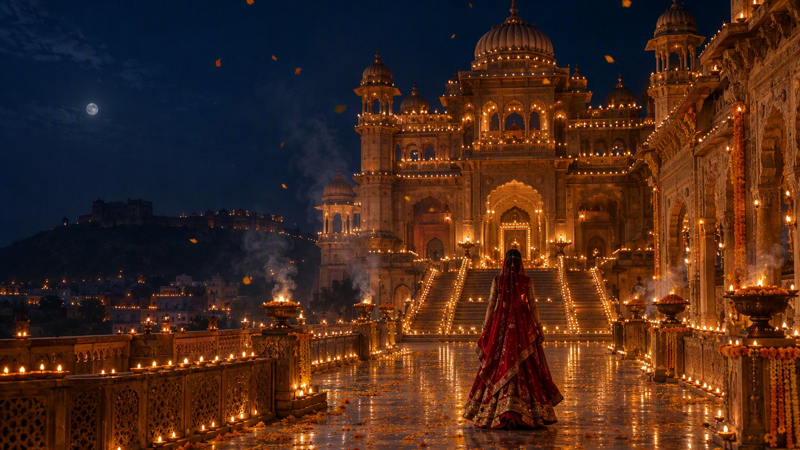 A palace courtyard lit by thousands of oil lamps